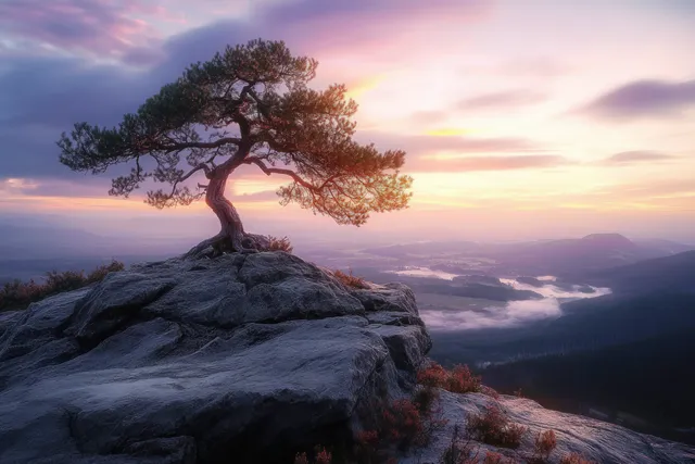 Solitary tree rooted on rocky outcrop over misty valley at sunrise, pastel sky glow