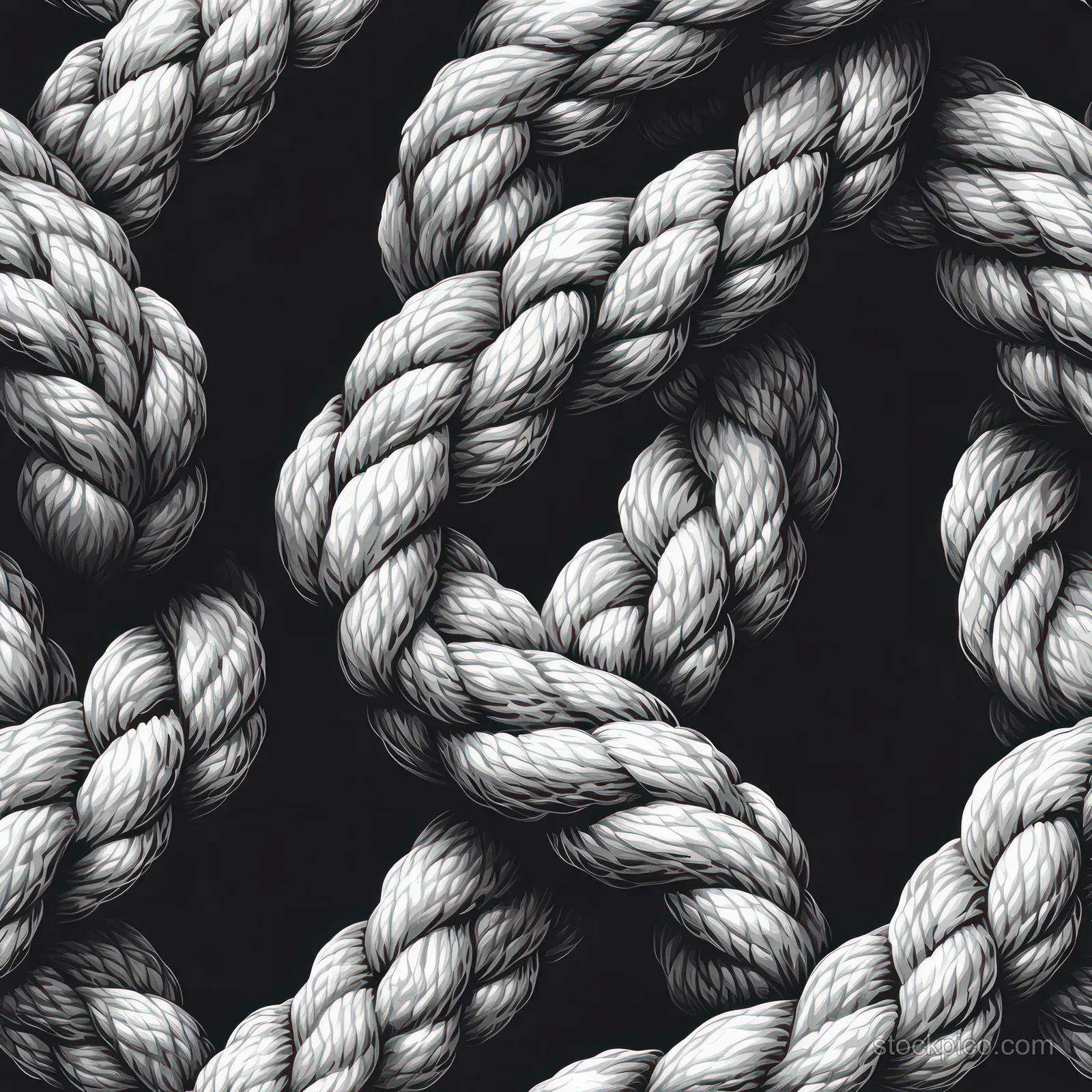 Black and white rope knots overlap in a repeating pattern on a dark background.