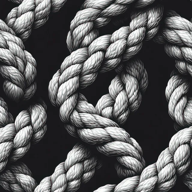 Intertwined black and white rope knots forming a repeating abstract pattern