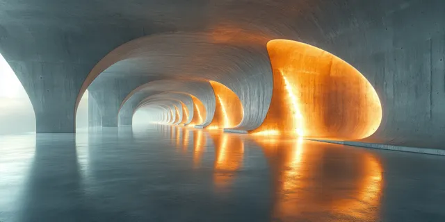 Glowing orange light reflected on a smooth floor inside a concrete corridor with repeating arches.