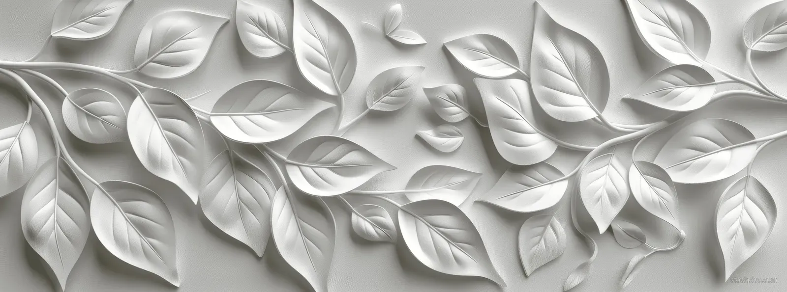 Close-up of raised white leaf and floral relief wallpaper on a textured wall surface with soft shadows.