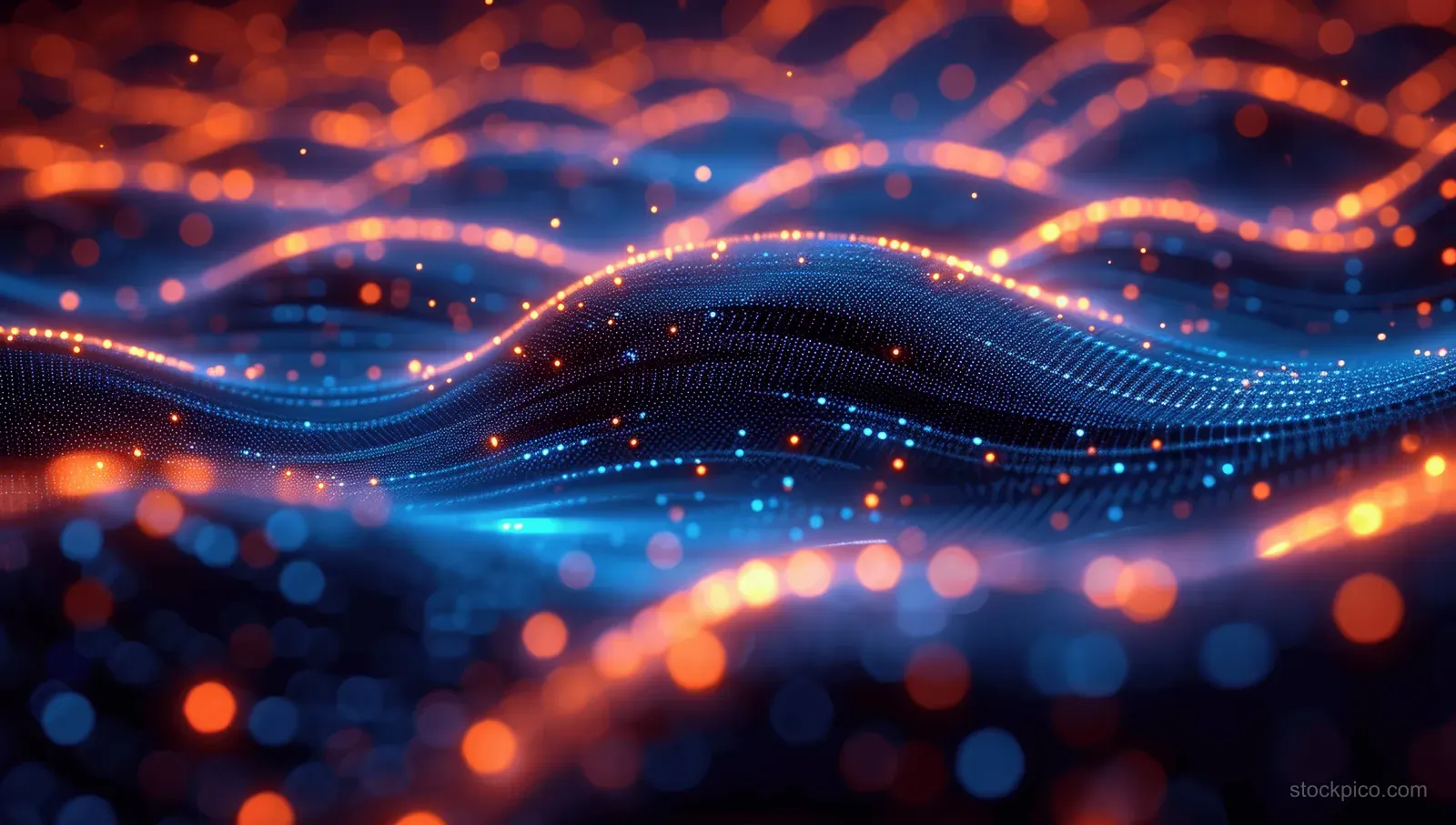 Blue and orange flowing data waves and connected nodes shimmer over an abstract grid background.