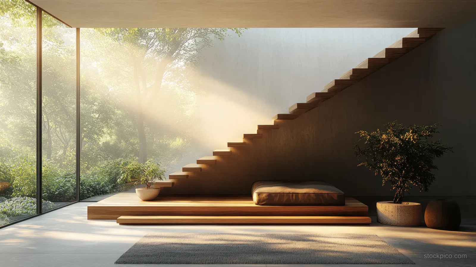 A wooden staircase in a bright minimalist living space, with sunlight streaming from large windows and potted plants nearby.
