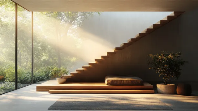 A wooden staircase in a bright minimalist living space, with sunlight streaming from large windows and potted plants nearby.