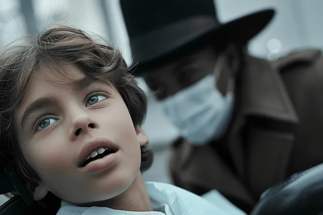 A young boy in a monochrome Victorian setting looks upward beside a dark carriage.