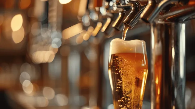Amber beer pours from a pub tap into a glass with blurred warm lights in the background.