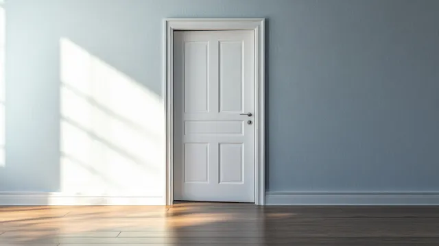 Open white door in a minimal interior with bright light spilling onto a wooden floor.