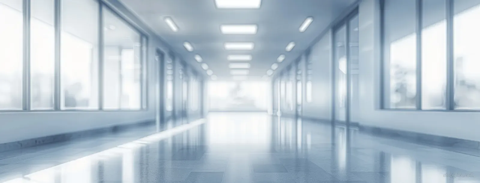 Empty modern hospital corridor with panoramic windows and soft daylight creating a blurred vanishing point.