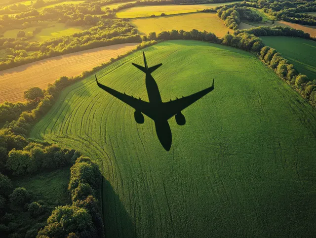 An airliner silhouette flies over green farmland at golden hour, casting long shadows across the fields.