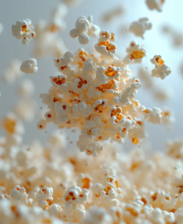 Fluffy popcorn kernels scatter and fly through the air against a pure white background.