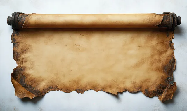Unrolled weathered parchment scroll with burnt darkened edges and rough torn bottom on a light surface.