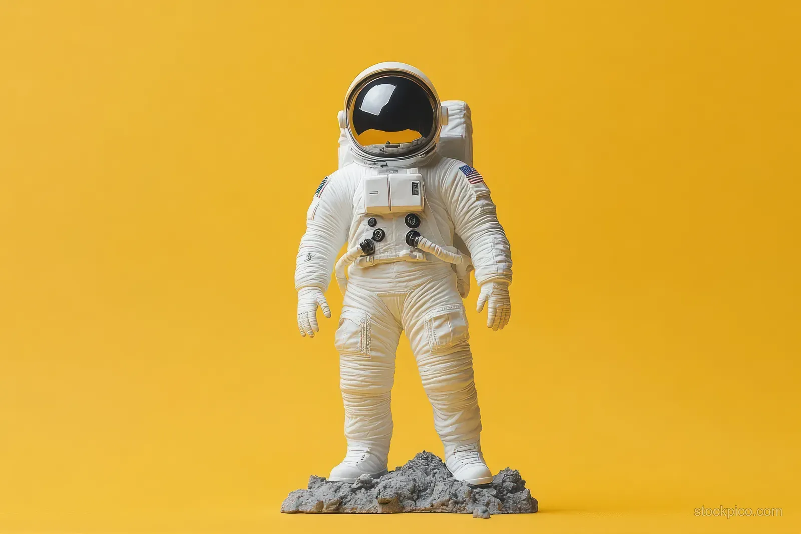 A white astronaut in a space suit stands on rocky ground with a reflective helmet against a bright yellow background.