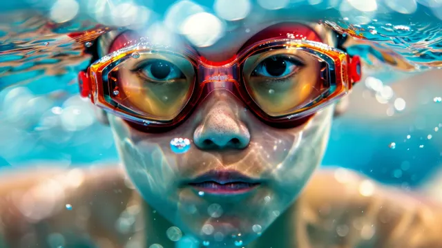 Underwater shot of a female breaststroke swimmer in red goggles with bubbles bursting around her face.