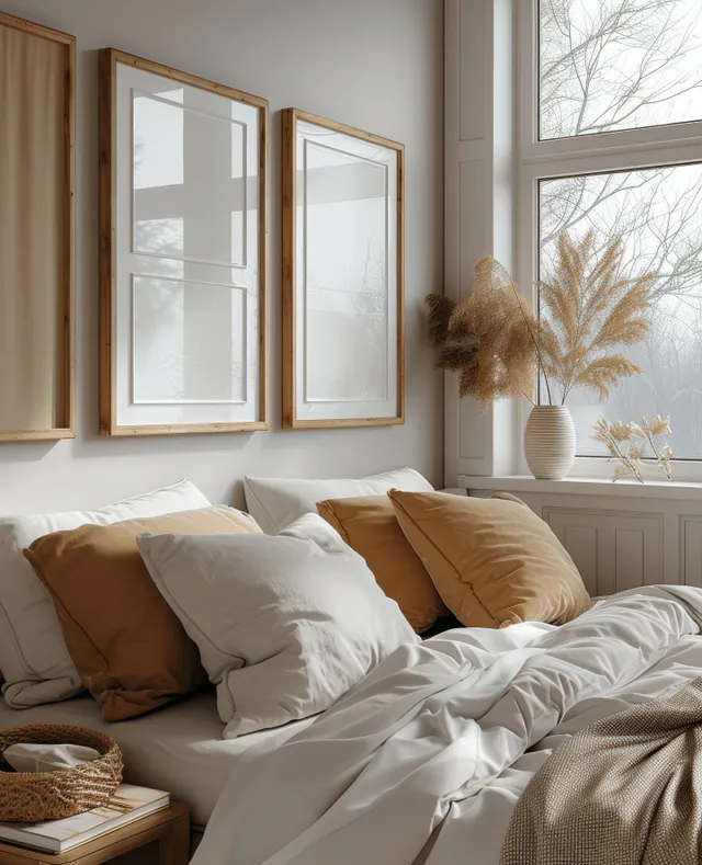 Three empty wooden picture frames hang on a bedroom wall above a made bed with pillows and blankets.