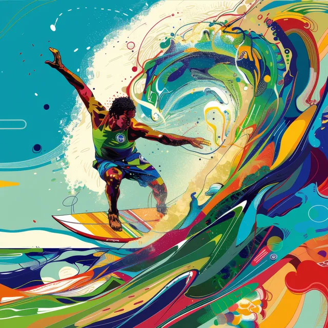 A male surfer rides a colorful wave in a dynamic, tropical scene filled with vibrant ocean motion and artistic graphics.