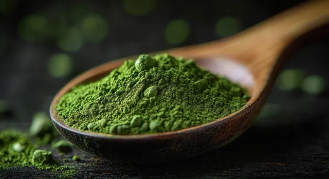 Close-up of vibrant green powder heaped on wooden spoon against dark rustic background