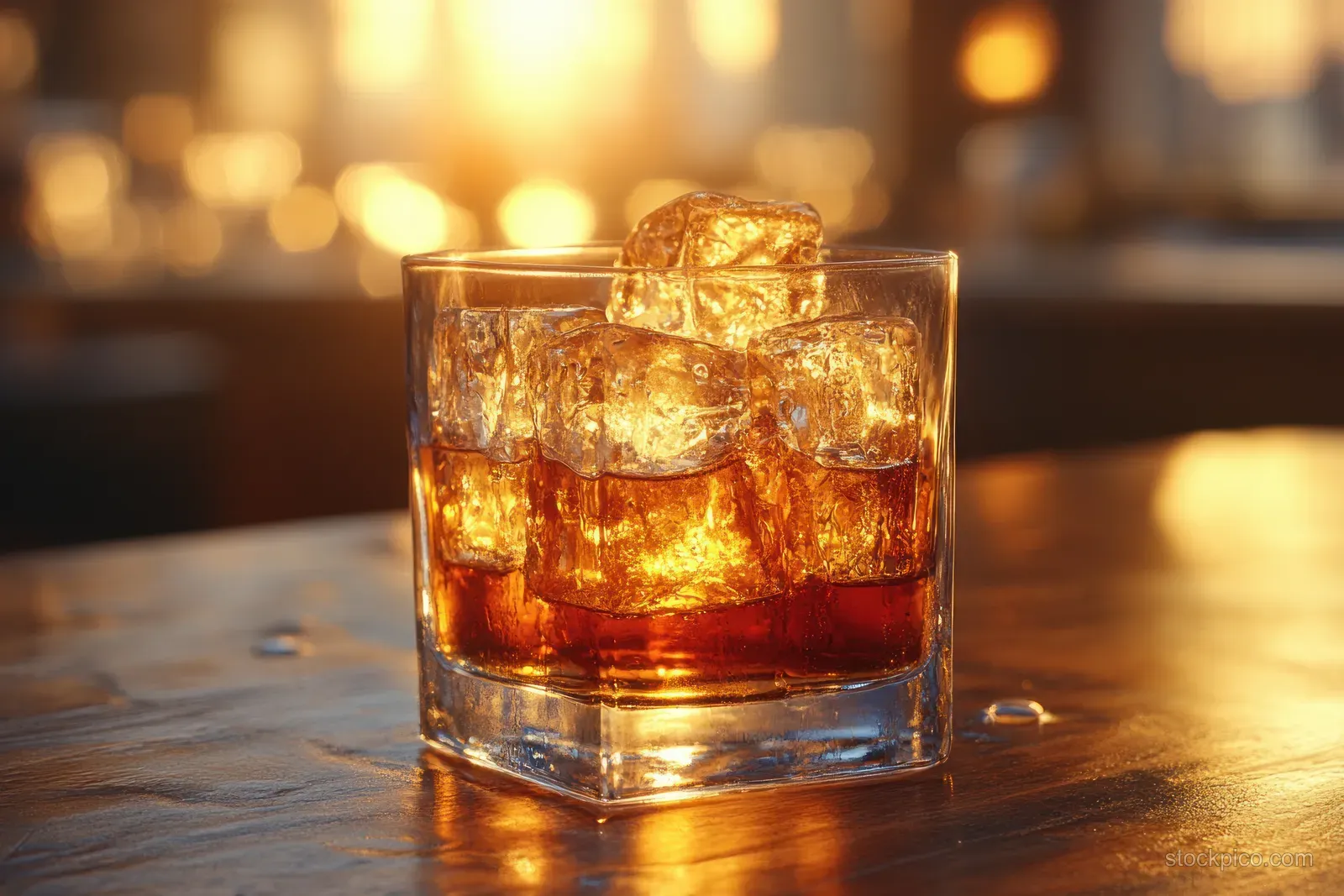 Amber whiskey in a lowball glass with ice cubes on a wooden table under warm bar lighting.