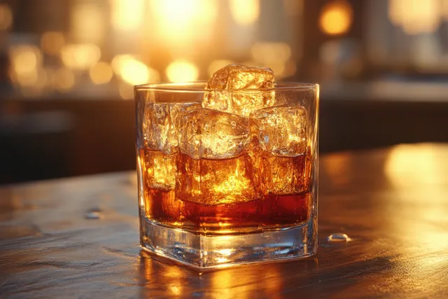 Amber whiskey in a lowball glass with ice cubes on a wooden table under warm bar lighting.