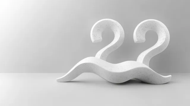 Two white question marks on a curved wave base creating a mustache-like shape on a smooth white surface.
