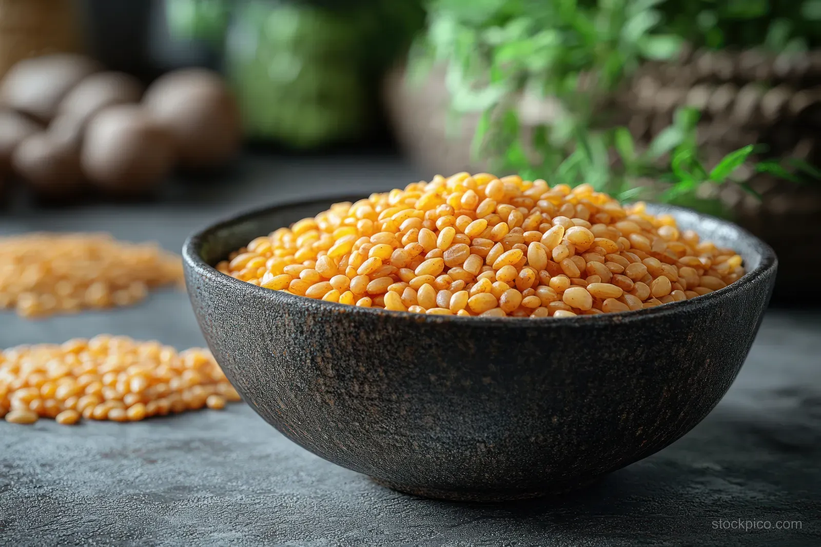 Cooked buckwheat grains in a dark bowl from above, with scattered groats and green herbs in the background.
