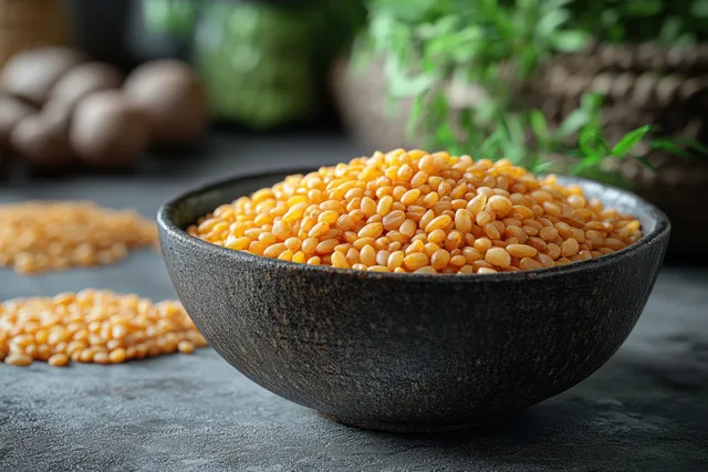 Cooked buckwheat grains in dark bowl, top view with scattered groats on slate