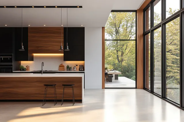 Minimalist kitchen interior with black cabinets, white countertop island, and warm wood stools under large windows.