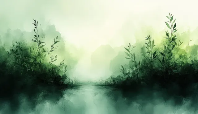 Soft green misty river landscape with bokeh light and leafy silhouettes at sunrise