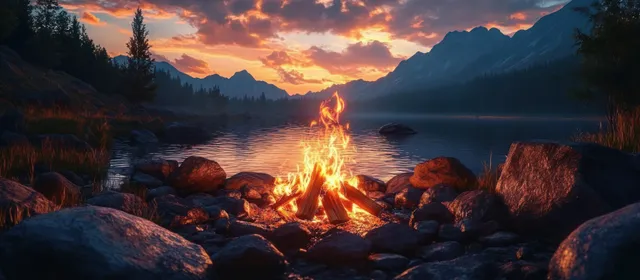 Glowing campfire on rocky lakeshore with mountains and colorful sunset sky
