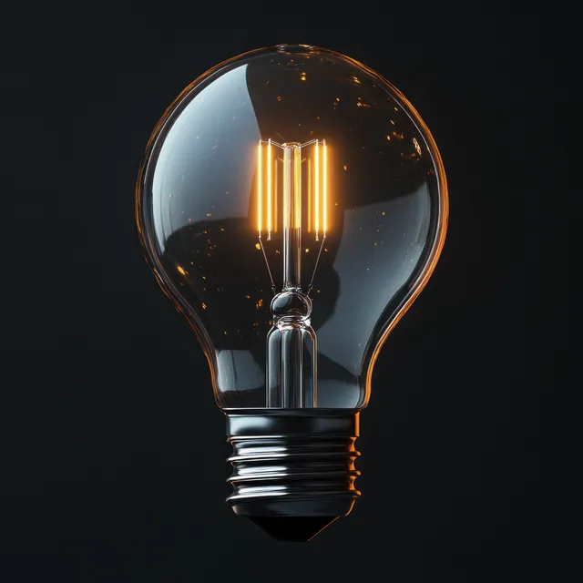 Classic incandescent light bulb with a metallic base and clear glass, illuminated softly against a white background.