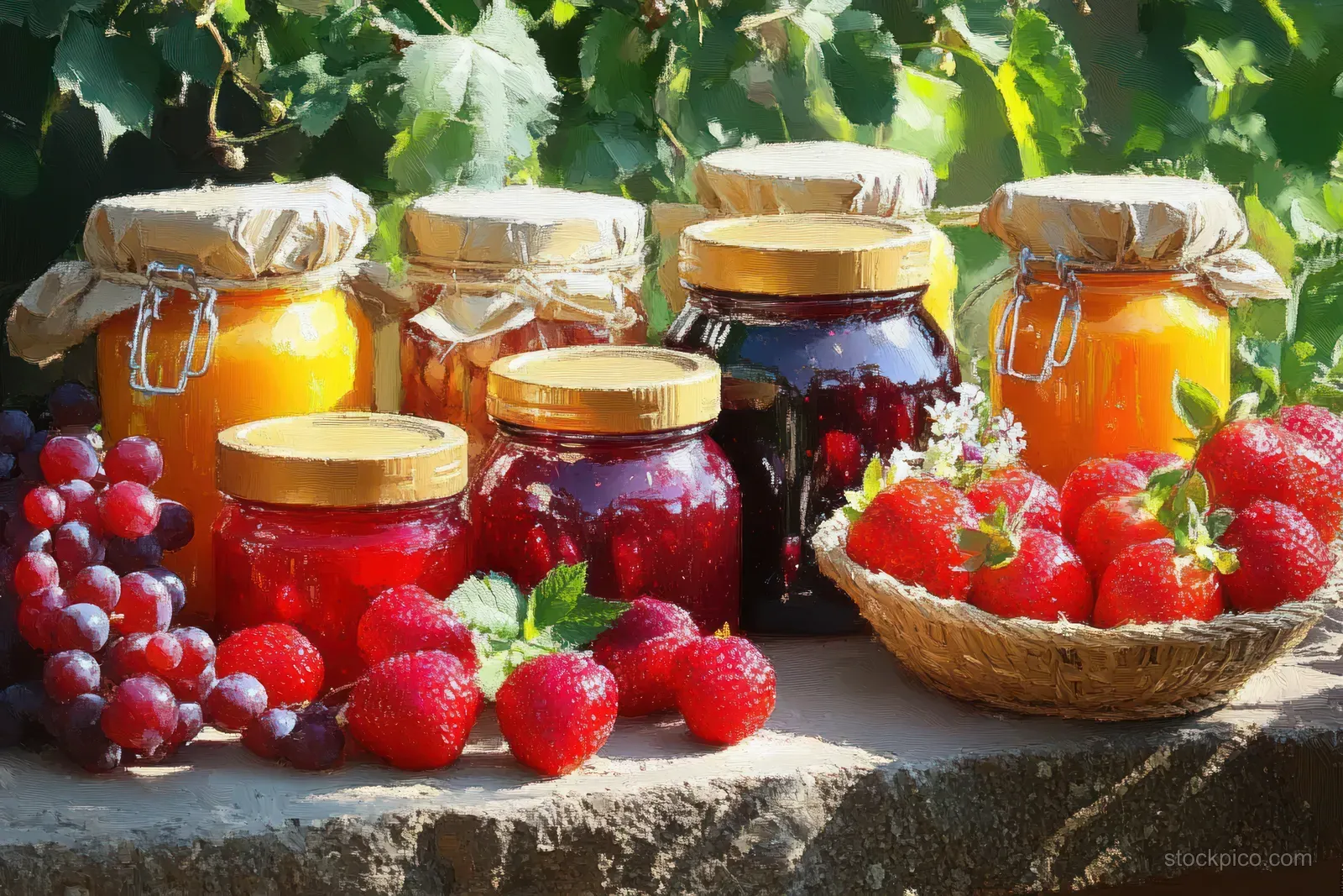 Fresh strawberries and raspberries surround several rustic jam jars on a sunny stone table under leafy light.