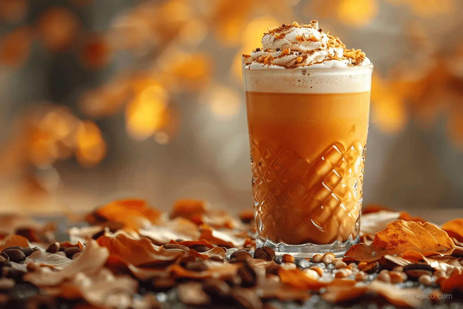 Glass of autumn cold brew latte with whipped cream and caramel drizzle, surrounded by scattered pumpkin spices.