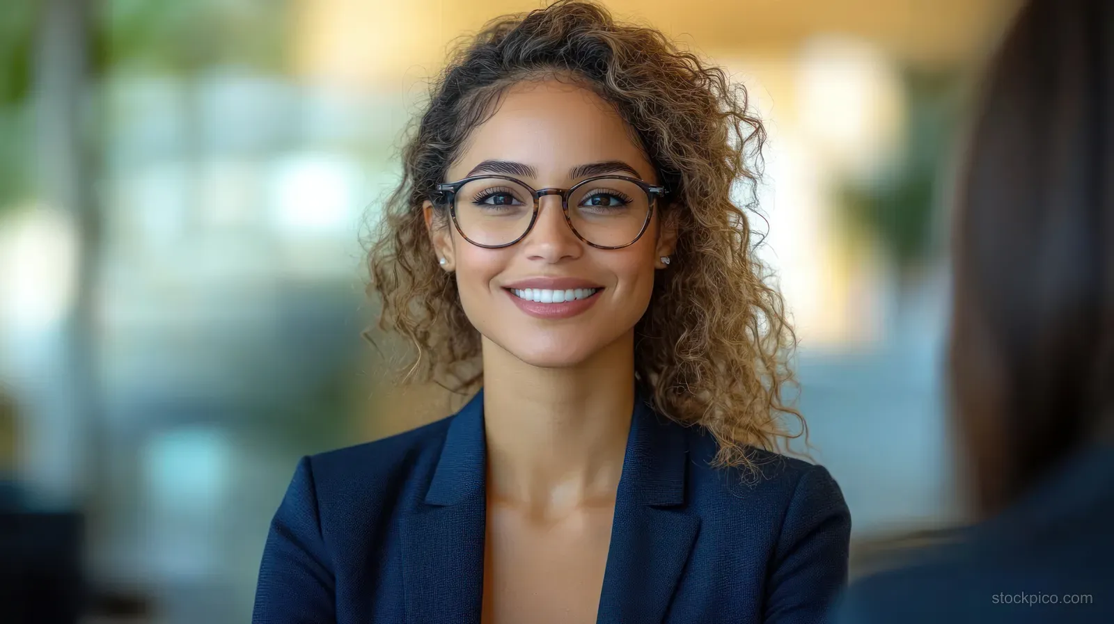 A smiling woman with curly hair and glasses in a navy blazer appears in a bright office close-up with blurred background.