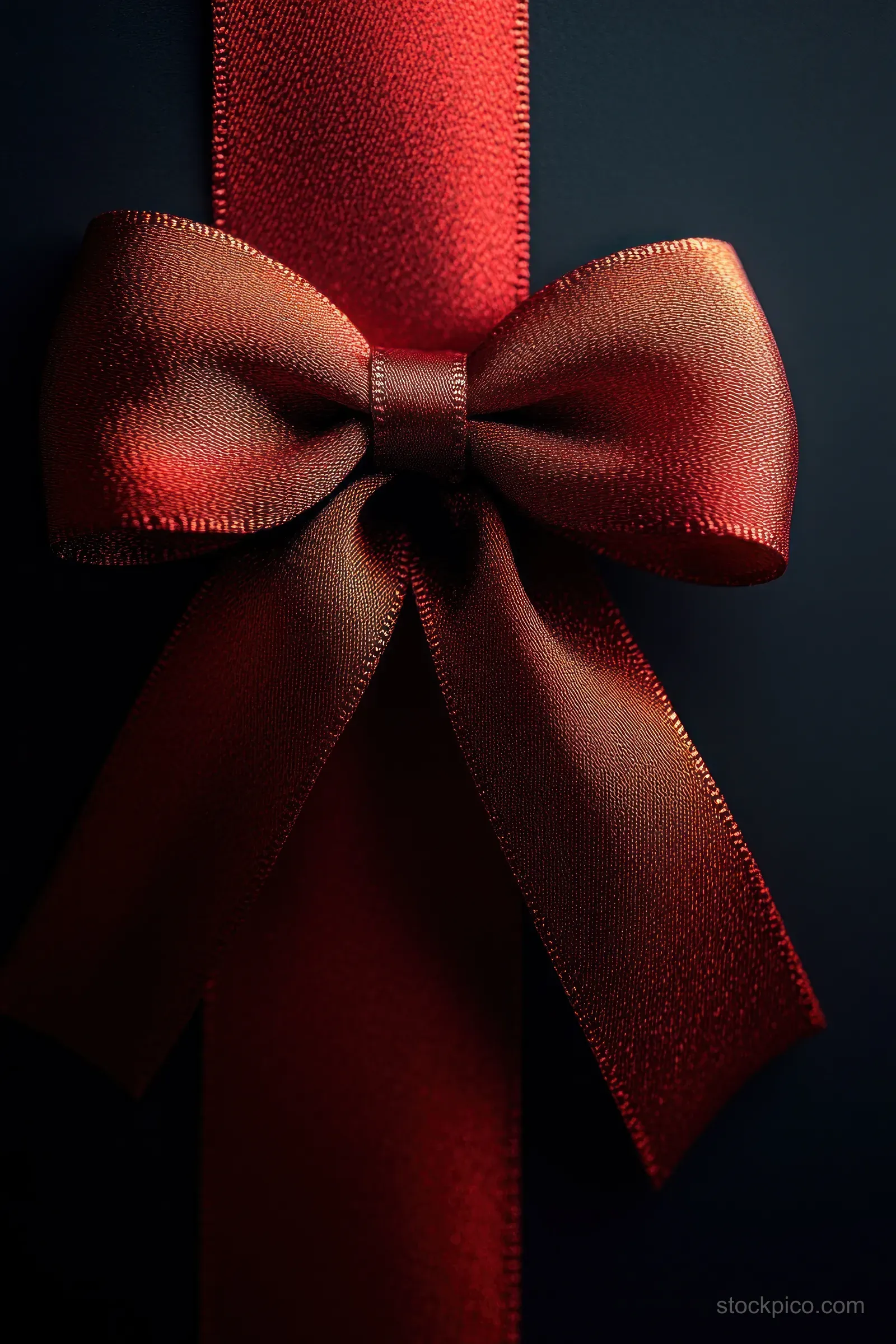 Centered red satin ribbon bow on a matte black background with soft highlights and folded loops.