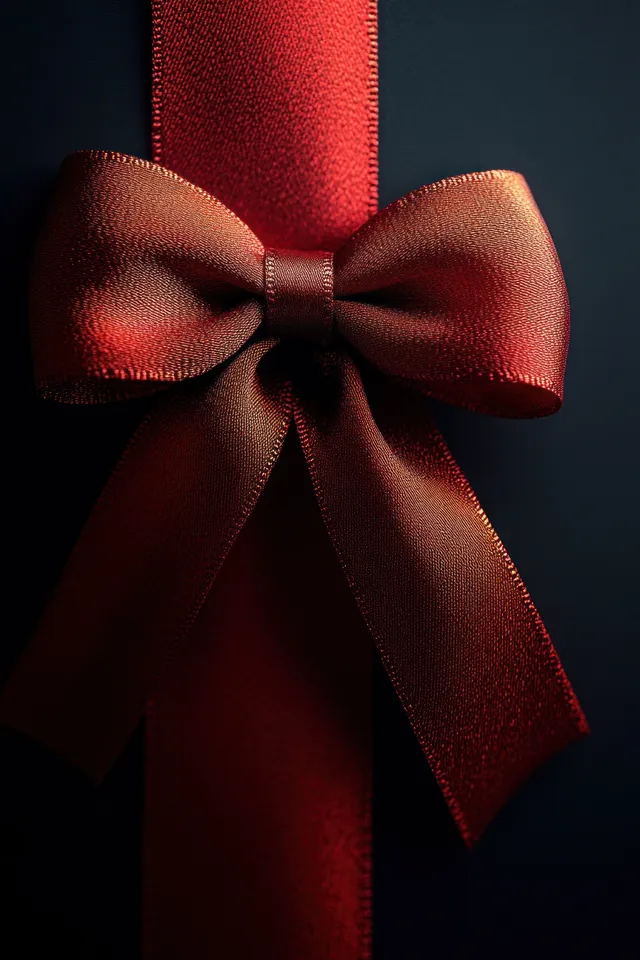 Centered red satin ribbon bow on a matte black background with soft highlights and folded loops.