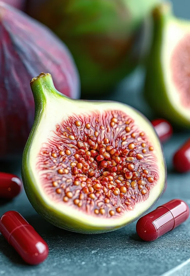 Cut ripe fig halves with visible seeds rest on dark slate alongside red capsules.