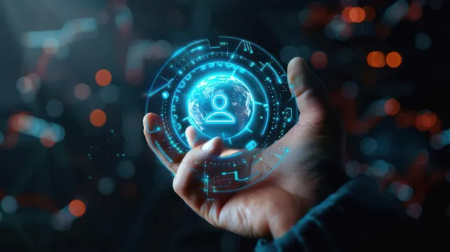Hand holding a glowing blue holographic user icon within circular interface elements