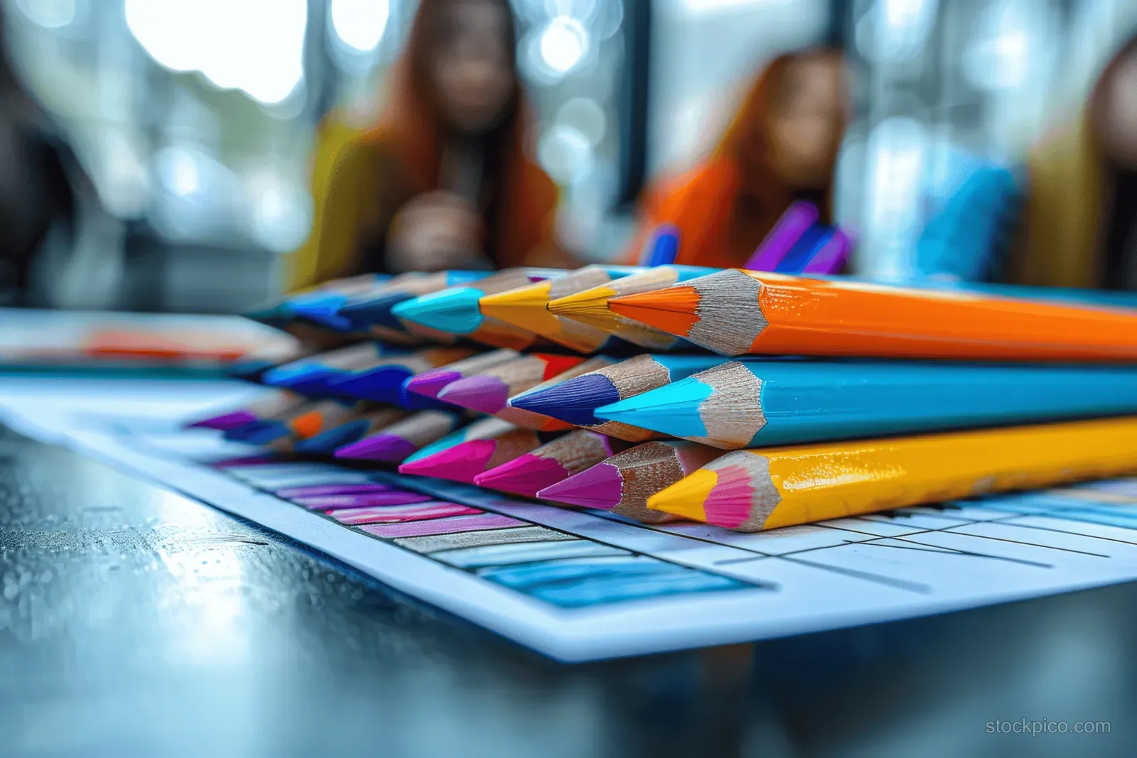 Artists sit at a studio table drawing with colored pencils and paint supplies scattered around the paper.
