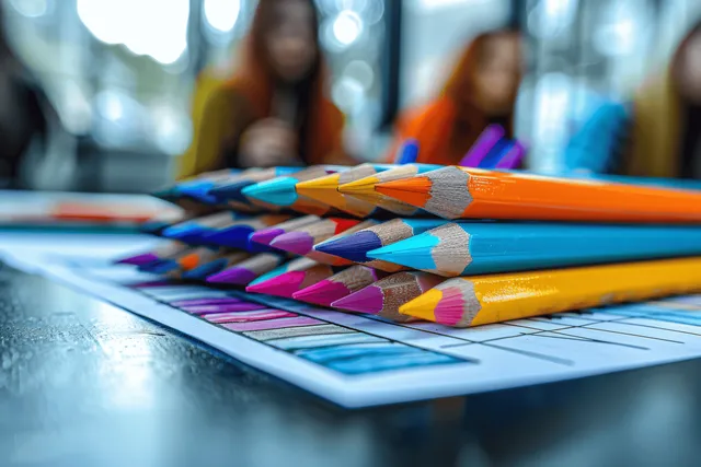 Artists sit at a studio table drawing with colored pencils and paint supplies scattered around the paper.