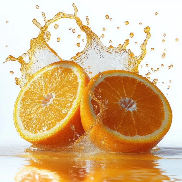 Two orange halves splash water on a reflective surface with visible citrus droplets in midair.