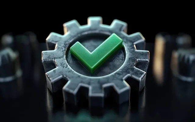 Metallic gear with a centered green check mark on a dark reflective background symbolizing approval.