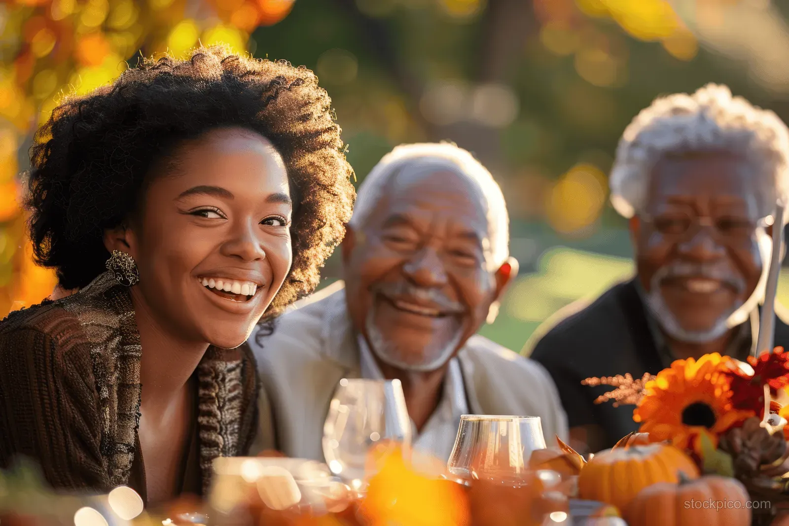 Smiling young woman and elderly men sit outdoors at a fall table with pumpkins and orange flowers.