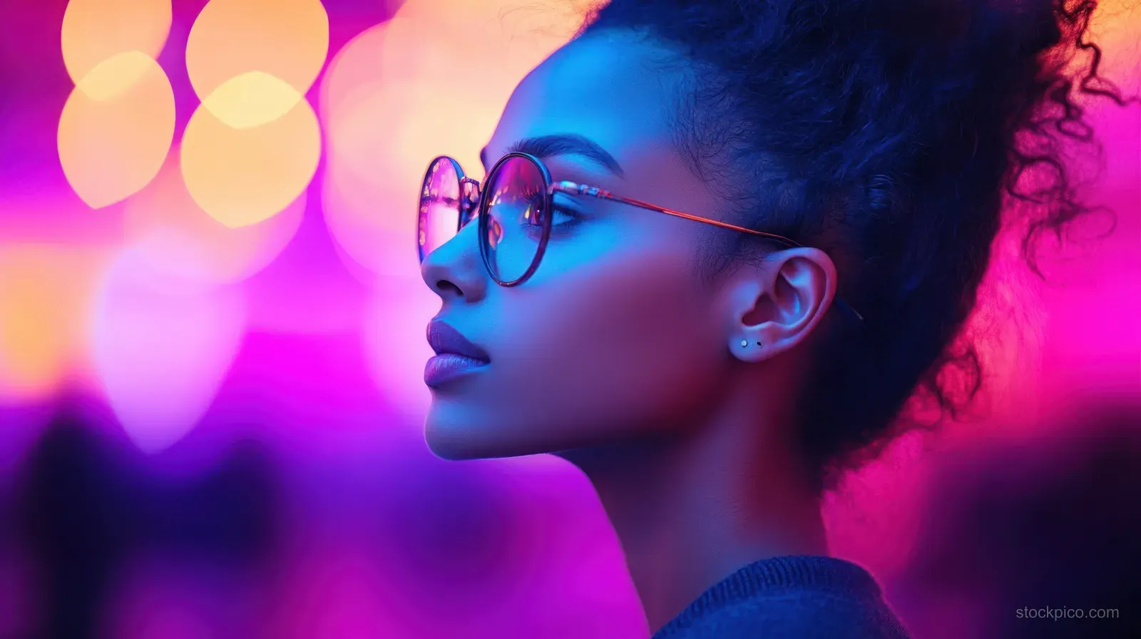 Side profile of a young woman with curly hair and round glasses illuminated by blue and pink neon light.