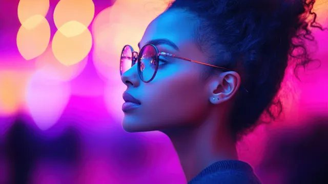 Side profile of a young woman with curly hair and round glasses illuminated by blue and pink neon light.