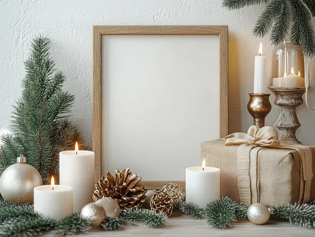 Glowing pillar candles and pine branches surround an empty wooden frame on a shelf.