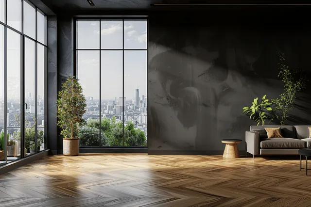 Empty black interior room with parquet floor, a table with chairs, and bright panoramic window.