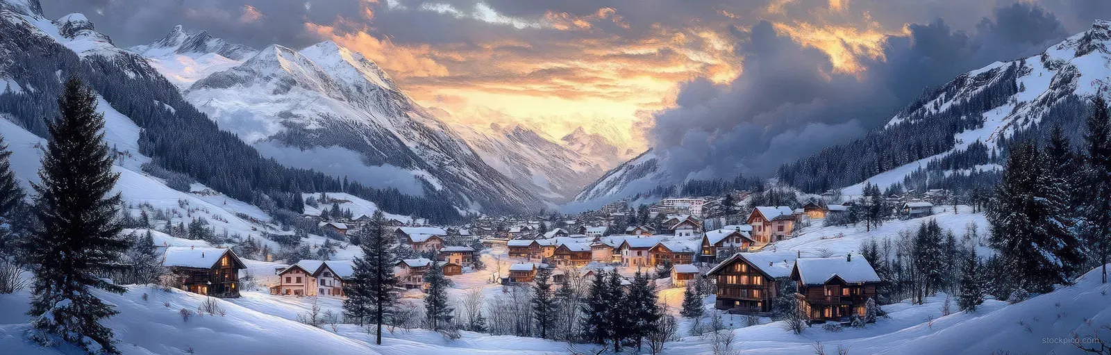 Snow-covered French Alps village with chalet rooftops and church near pine trees under orange sunset clouds.