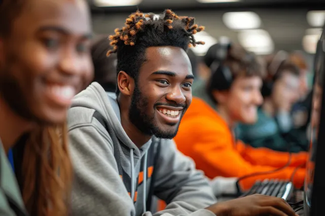 A smiling student collaborates with others at laptops inside a university computer lab.