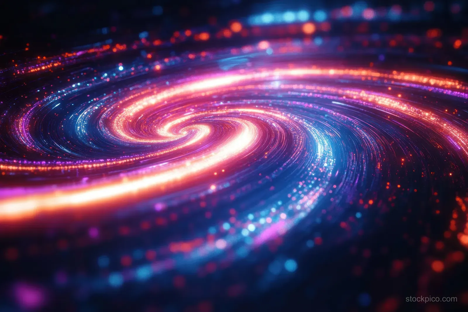 A spiral galaxy vortex swirls neon pink, purple, blue, and orange light trails across dark outer space.