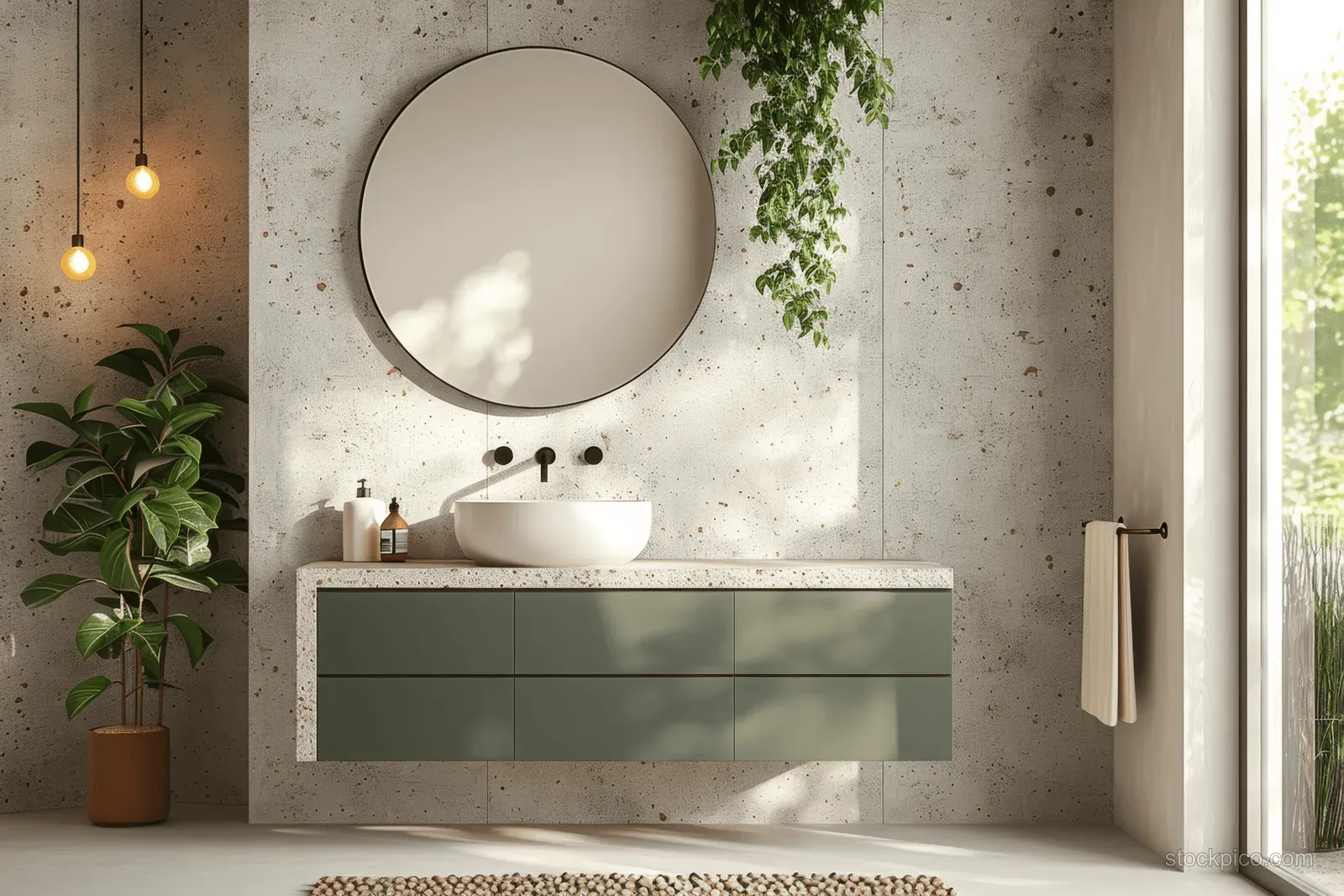 Round mirror over a white sink on a speckled concrete wall with a floating cabinet, plants, and pendant lights.