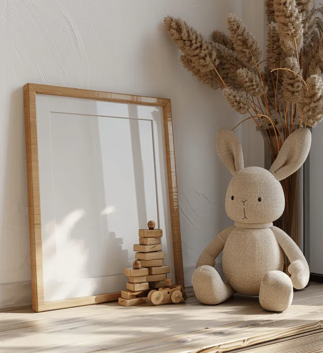 Blank photo frame mockup in a neutral nursery next to stacked wooden toys and a rabbit plush.